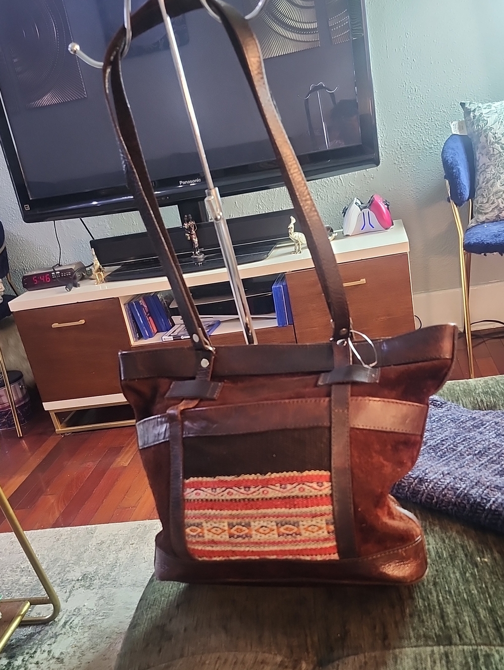 Bolivian Vintage Brown Leather Tote w/Woven Accent Panel Pocket Southwestern